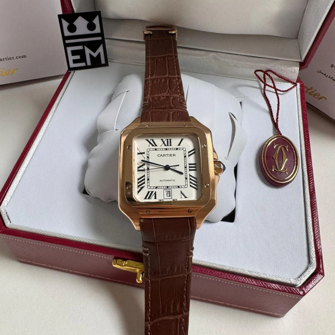Cartier Santos Automatic – Gold with Brown Leather Strap